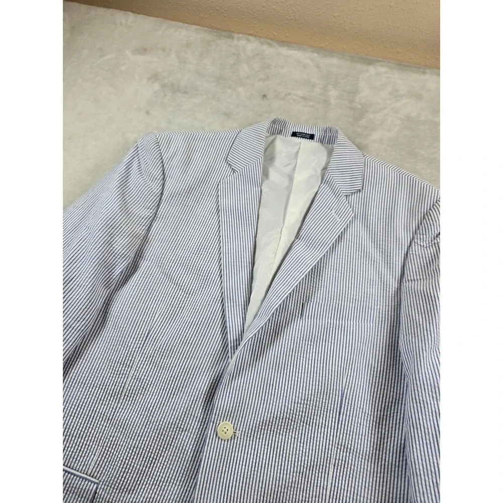 Saddlebred Seersucker Blazer Men 44R Blue White Striped Cotton Sport Coat Jacket